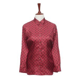 Womens Silk Shirt Button Up Red Paisley Casual Hawaiian Vacation Top Medium